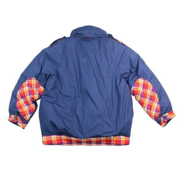 Vintage 80s XL Rainbow Trim Genuine Down Blue Coat Jacket Ski Snowboard Winter - Picture 2 of 12